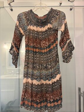 Boho Printed Smocked-Neck Women’s Dress in Mixed Neutral & Teal